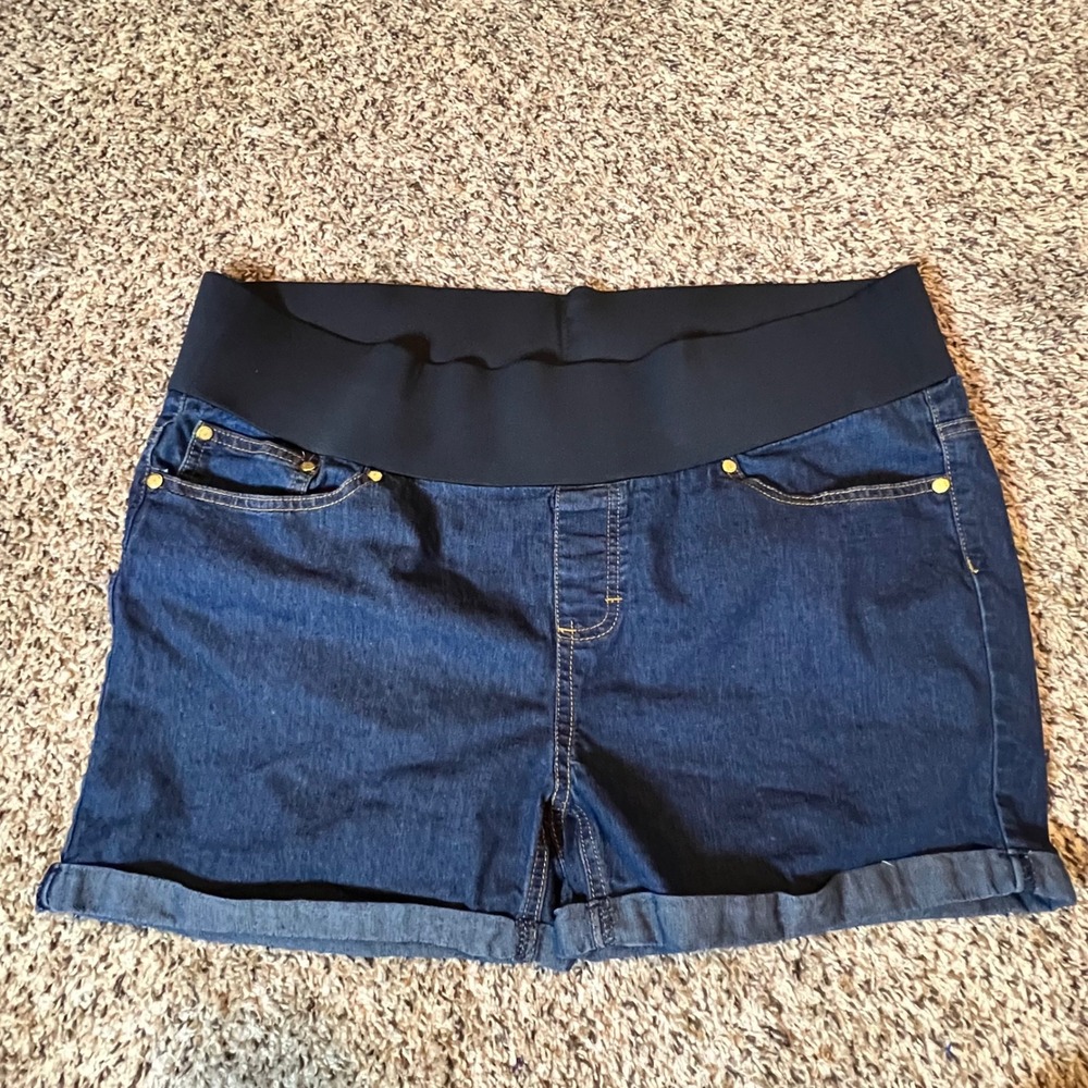 Times Two Maternity Denim Shorts Dark Wash‎ Elastic Belly Band Cuffed Blue 1X